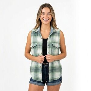 Womens VR Sleeveless Flannel Shirt Green Plaid Studded Collar Grunge Punk Y2K M
